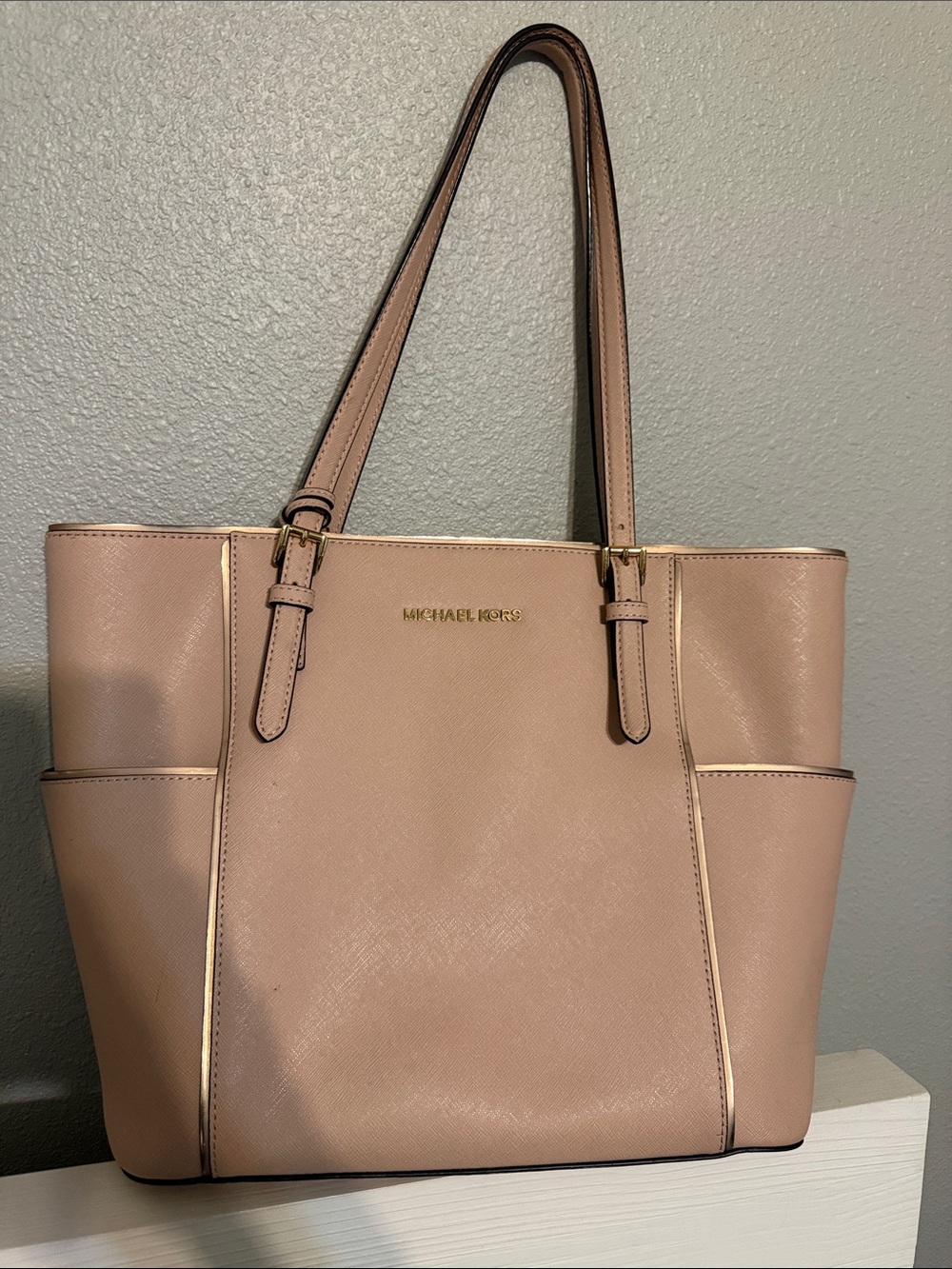 Michael Kors Pink Saffiano Leather Tote with Gold Trim